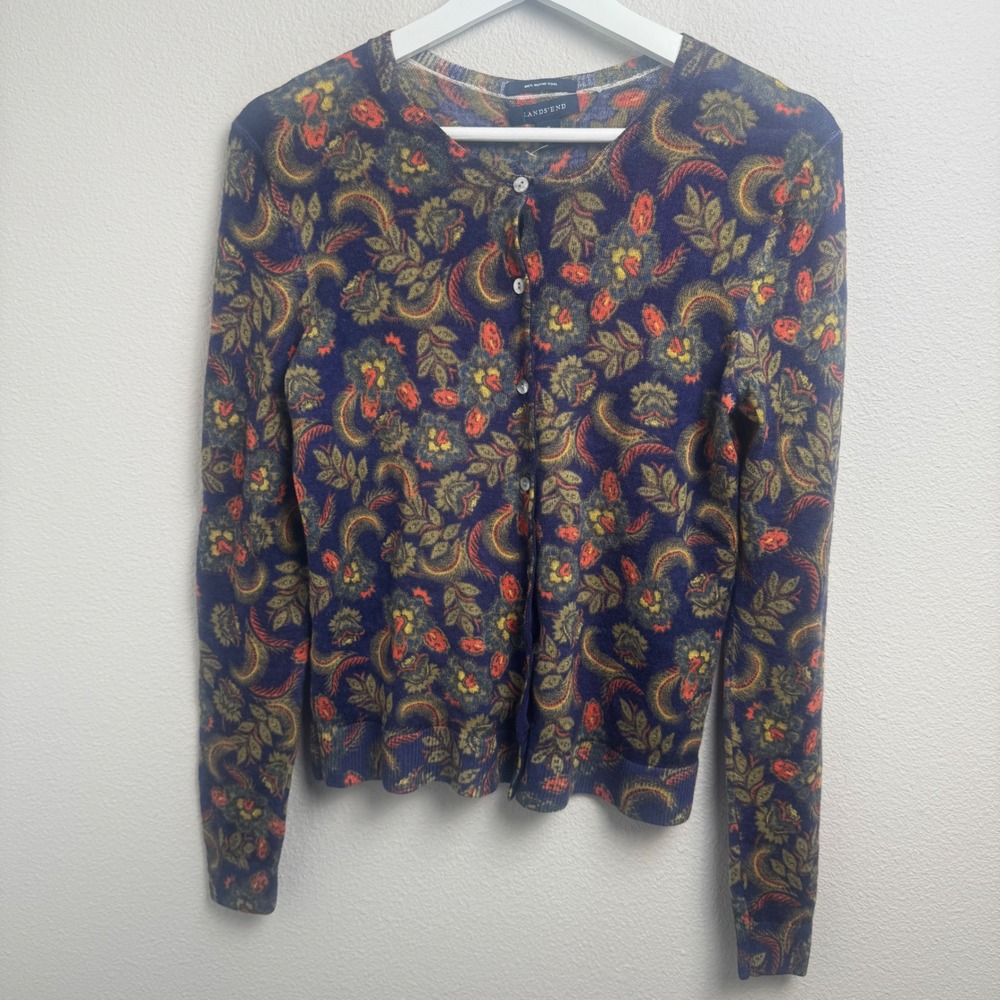 Lands End Merino Wool Cardigan Sweater Size S Regular Blue Paisley Floral Print